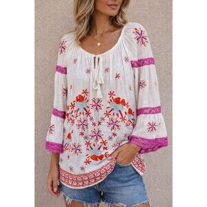 Ruby Yaya Mushroom Embroidered Boho Peasant Top Bell Sleeve Size Large